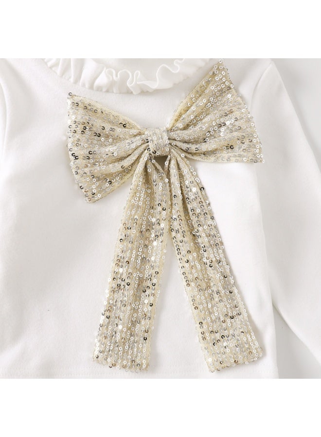 Smarties AE Girls Two Piece Set, Long Sleeve Bow Turtleneck Top with Pleated Skirt, White and Beige, Children's Boutique Clothing - Image 5